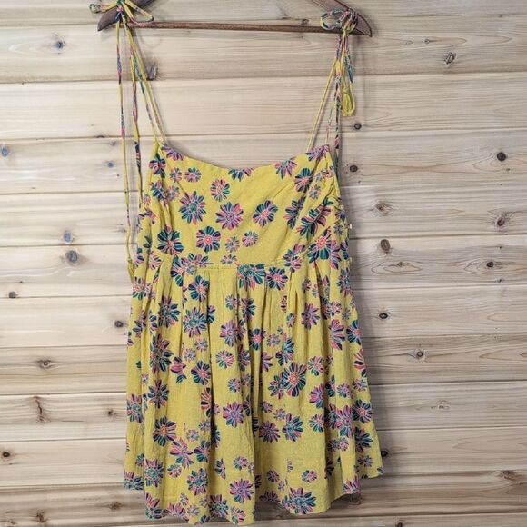 Free People Top Womens Large Yellow Molly Tunic Sleeveless Floral Boho - Picture 1 of 9